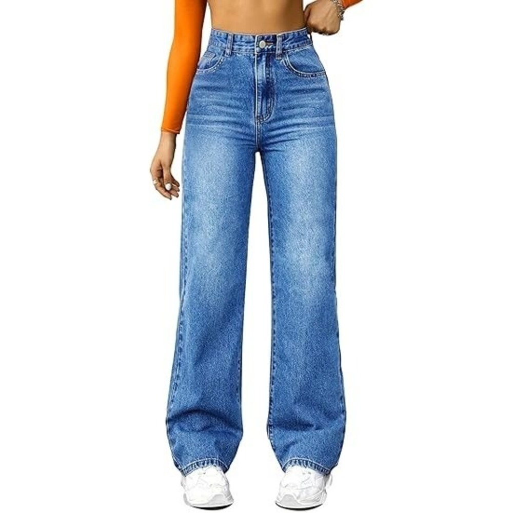 MSRP $55 FUNUCA Women's Sz 10 Blue Straight Leg Jeans High Waisted Wide Leg